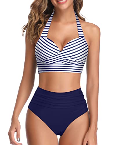 Retro Halter Twist Front Swimwear 2 Piece High Waisted Bikini Swimsuits-Blue White Stripe