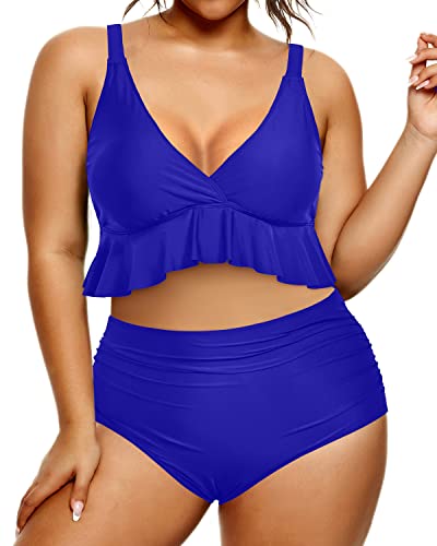 Women Plus Size Two Piece Swimsuits Tummy Control High Waisted Bikini Set-Royal Blue