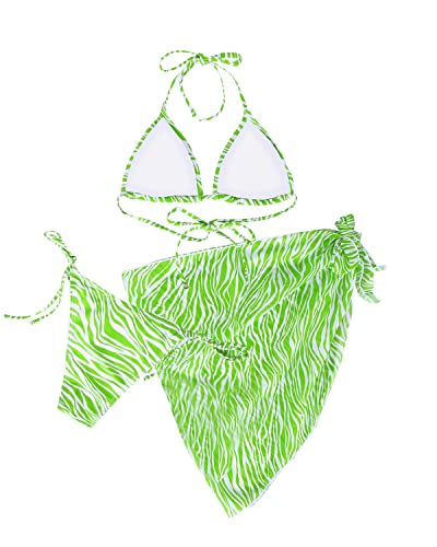 3 Piece Triangle Bikini Set Mesh Beach Skirt Cover Up-Green Zebra