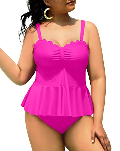 Two Piece Peplum Swimwear For Women Plus Size Scalloped Swimsuits-Neon Pink