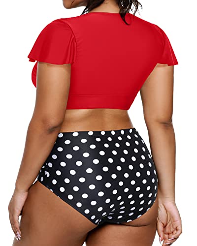 Womens Plus Size Two Piece Swimsuits Ruched Full Coverage Bottoms-Red Dot