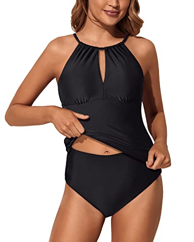 Tankini Traingle Bottom Modest Bathing Suit 2 Piece Swimsuit For Women-Black