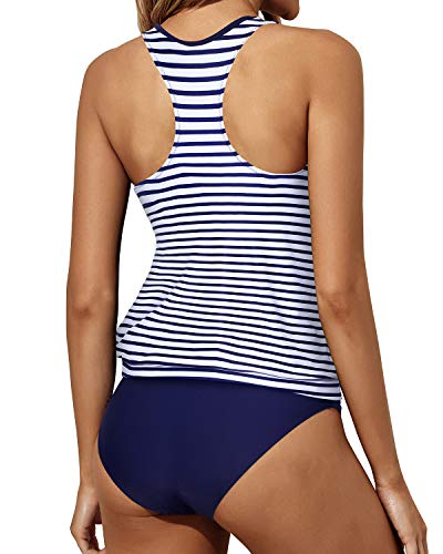 Women's Two Piece Swimsuit Tummy Control Tankini Bathing Suits Blouson Swimwear-Blue White Stripe