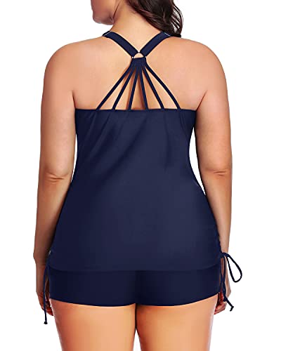 Athletic 2 Piece Swimwear Tummy Control Two Piece Ruched Swimsuit-Navy Blue