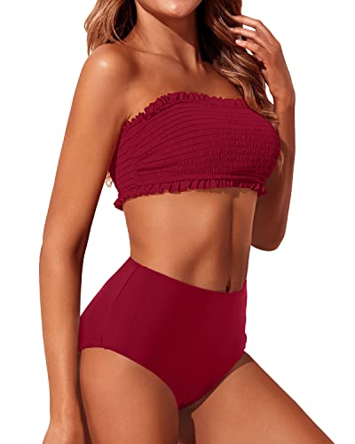 Push Up Off Shoulder Bandeau Bikini Top High Waisted Cheeky Bottom-Red