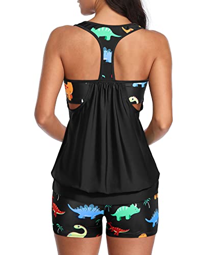 Athletic 2 Piece Swim Suits High Waisted Board Shorts For Women-Colorful Dinosaur