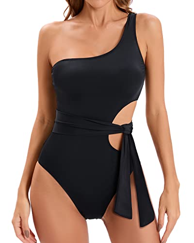 One Shoulder Cut Out Monokini Swimsuit For Women-Black