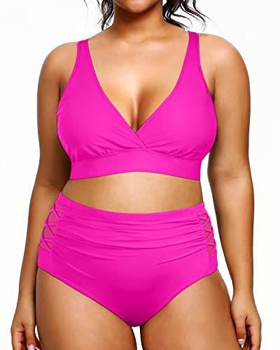 V Neck Plus Size Bikini Two Piece Bathing Suits Slimming Swimwear-Neon Pink