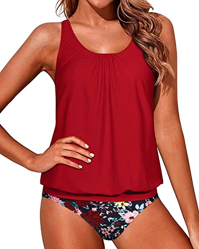 Loose Fit Mid Waist Bottom Tummy Control Teen Tankini Swimsuits-Red Floral