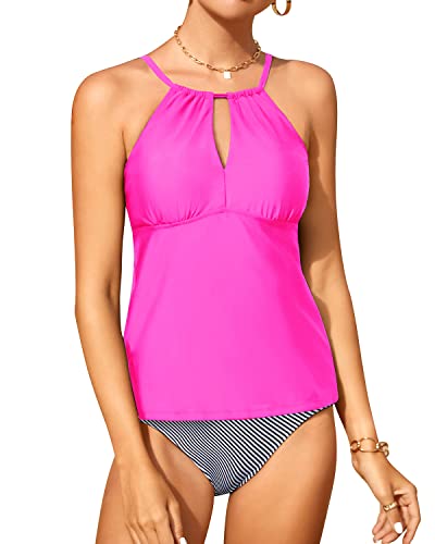 2 Piece Tankini High Neck Bathing Suits Swim Bottom For Women-Hot Pink Stripe