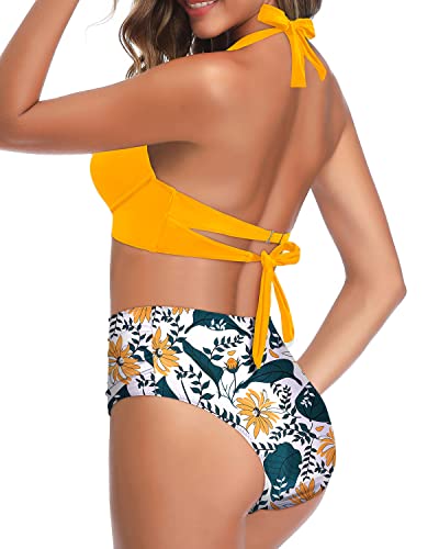 Push Up Womens Retro Halter Twist Front Swimsuit Tummy Control Bikini Set-Yellow Floral