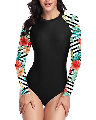 Comfortable Quick Dry One Piece Bathing Suit Rash Guard Long Sleeve Swimsuit-Black And Striped