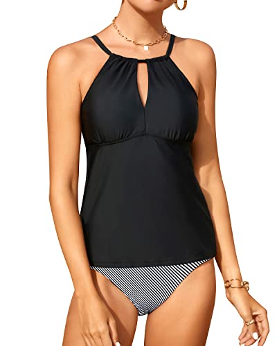 Adjustable Straps Keyhole Tankini Top 2 Piece Swimsuit For Women-Black Stripe