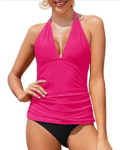 Women's Halter Tankini Tops Bikini Bottom Bathing Suit-Neon Pink And Black