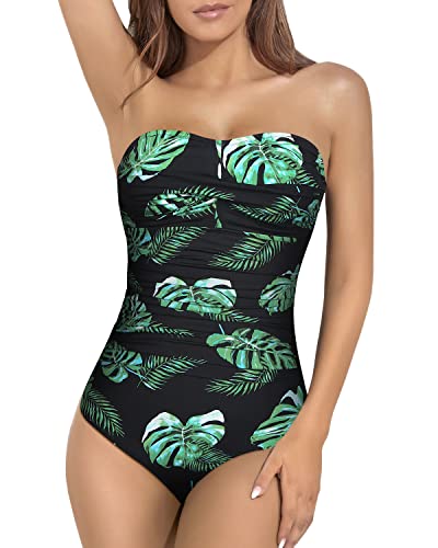 Women's Strapless Bandeau Bathing Suit Tummy Control One Piece Swimsuit-Black And Green Leaf