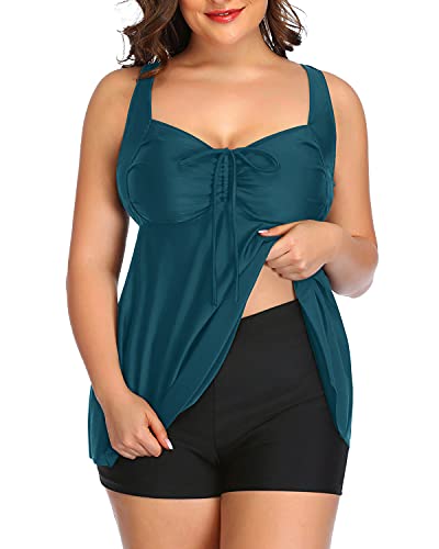 Push Up Padded Plus Size Tankini Swimsuits Shorts For Women-Teal And Black