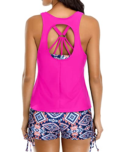 Women's Athletic Tankini Swimsuits Shorts And Bra Strappy Bathing Suits-Pink Tribal