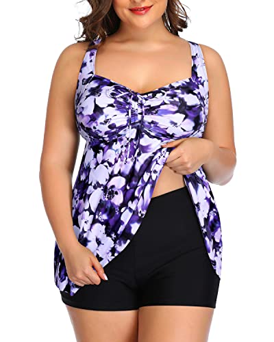 Women's Full Coverage Boyleg Bottoms Plus Size Swimsuits-Blue Floral