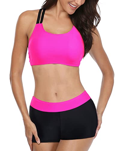 Playful Mix-And-Match Tankini Set For Teens-Neon Pink And Black