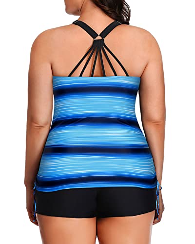 Plus Size Tankini Swimsuit Bathing Suit Top Shorts Athletic 2 Piece Swimwear-Blue And Black Stripe