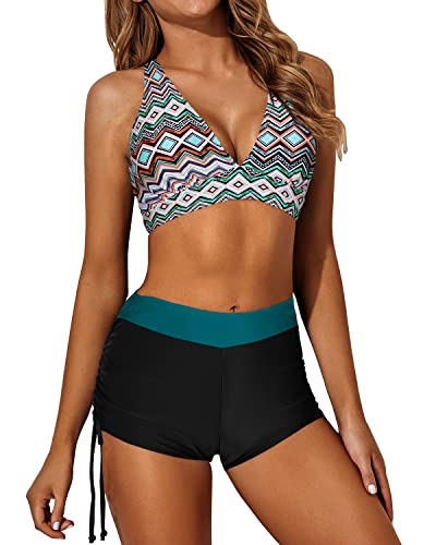Backless Tankini Top Boy Shorts And Bra Athletic 3 Piece Swimsuits-Black Tribal
