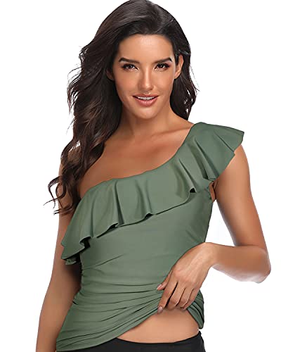Ladies Long Torso One Shoulder Strapless Womens Swimsuit Tops-Olive Green