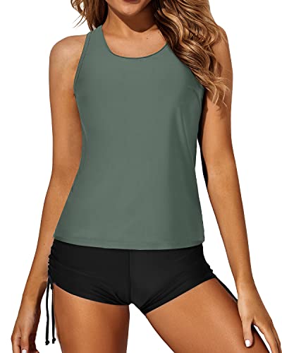 3 Piece Tankini Swimsuits For Women Backless Swim Top Boyshorts And Bra-Army Green And Black