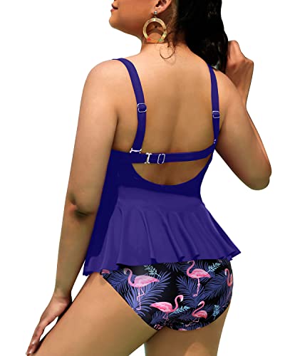 Tummy Control Bathing Suits Scalloped Design For Curvy Women-Blue Flamingo