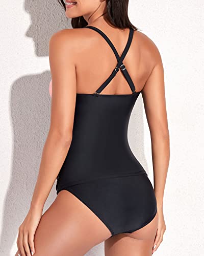 Crossover Back V-Neck Tankini Swimsuits For Women-Pink And Black