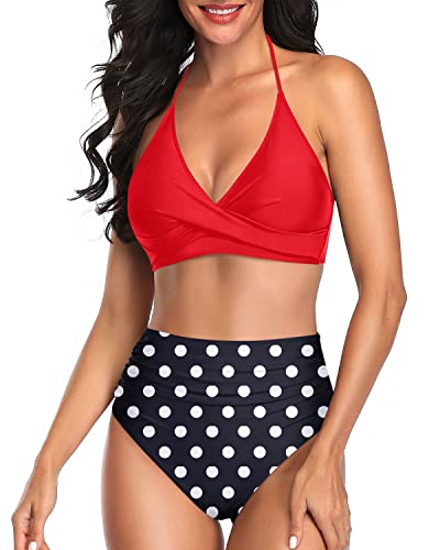 Two Piece Swimsuit Adjustable Self-Tie Straps Halter Top Bikini Sets-Red Dot
