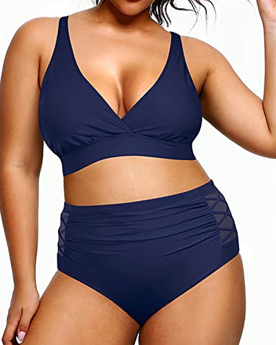 2 Piece Plus Size Bikini High Waisted Swimsuits Tummy Control-Navy Blue