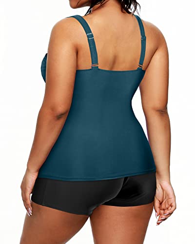 Tummy Control Tankini Plus Size Swimsuits Shorts Two Piece Bathing Suits-Teal And Black