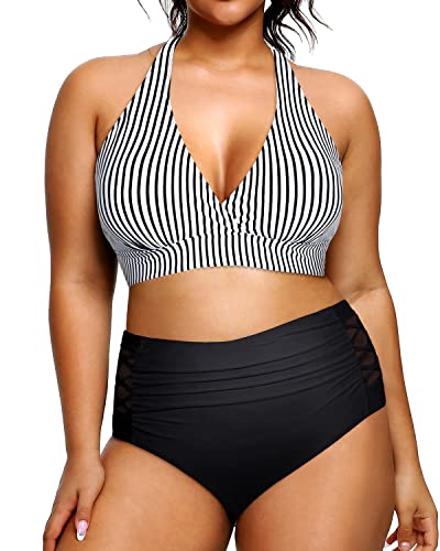 High Waisted Tummy Control Bathing Suits For Plus Size Women-Black And White Stripe