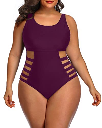 Plus Size High Waisted Monokini Side Cutout Sexy Swimwear-Maroon