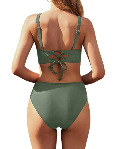 Twist Front Women's High Waisted Bikini Set Tummy Control Swimsuit-Olive Green
