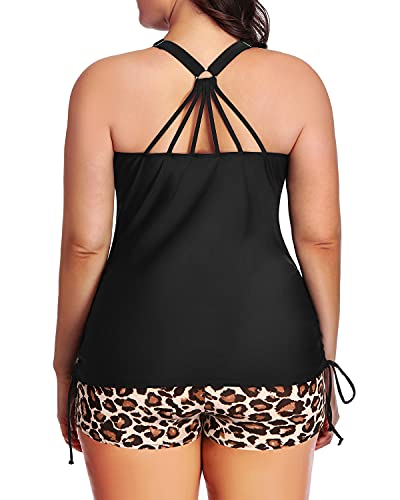 Women's Plus Size 2 Piece Ruched Swimsuit Tummy Control-Black And Leopard