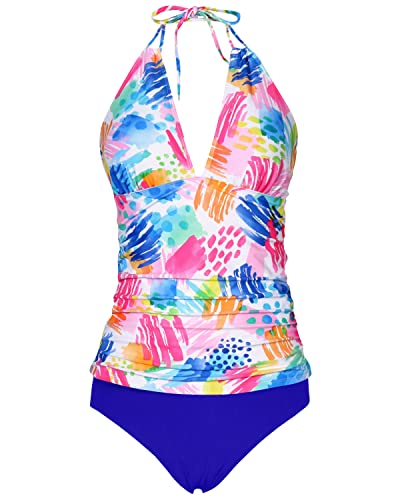 V Neck Halter Tankini Swimsuits Bikini Bottom Tummy Control Bathing Suits-Colorful