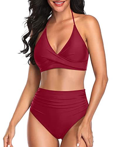 Bathing Suit Criss Cross Twist Front Halter Top Tummy Control Swimsuit-Red