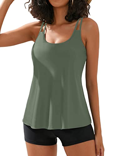 U Neckline Tankini Top High Waisted Boy Shorts Swimwear-Olive Green