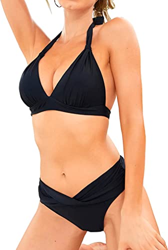 Retro Two Piece Bathing Suits Push Up Bikini Set Halter Swimsuit Vintage Swimwear-Black