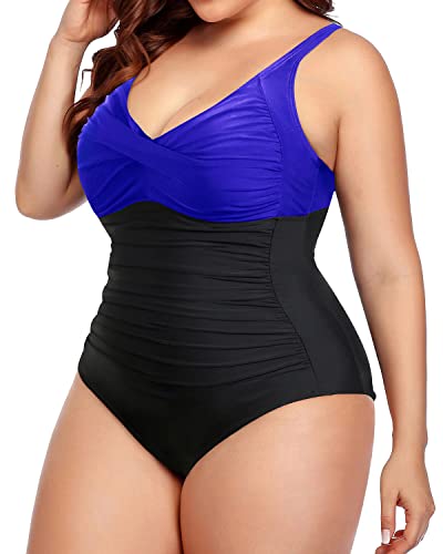 Plus Size One Piece Bathing Suits Tummy Control Ruched Cross Swimsuits-Royal Blue And Black