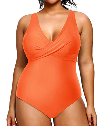 Slimming Twist Front Cross Plus Size Swimsuit For Women-Orange