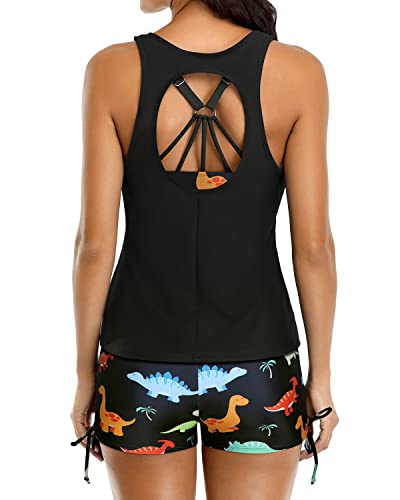 Strappy D-Ring Back Tankinis Shorts And Bra And Boyshorts-Black Dinosaur