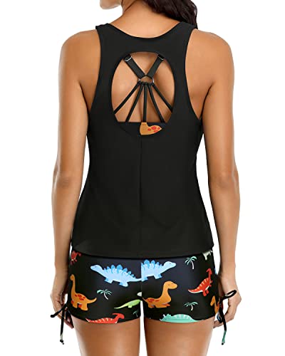 Strappy D-Ring Back Tankinis Shorts And Bra And Boyshorts-Black Dinosaur