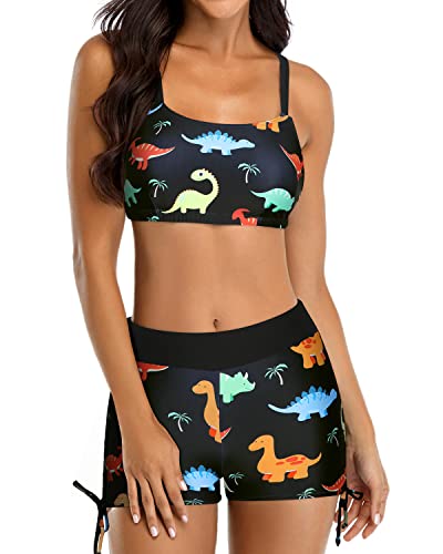 Strappy D-Ring Back Tankinis Shorts And Bra And Boyshorts-Black Dinosaur