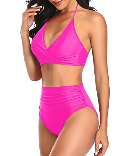 Criss Cross Backless Two-Piece High Waisted Bathing Suit-Neon Pink