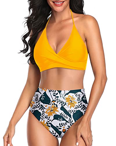 Women's High Necked Two Piece Bikini Set Halter Top Tummy Control Swimsuit-Yellow Floral