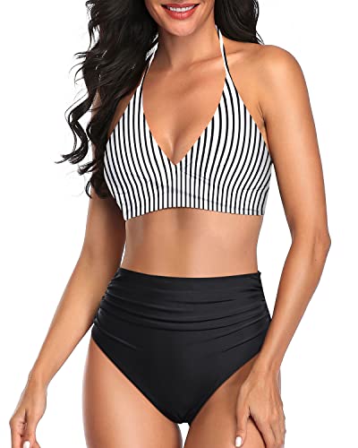 Sexy Twist Front Two Piece High Waisted Halter Top Tummy Control Swimsuit-Black And White Stripe