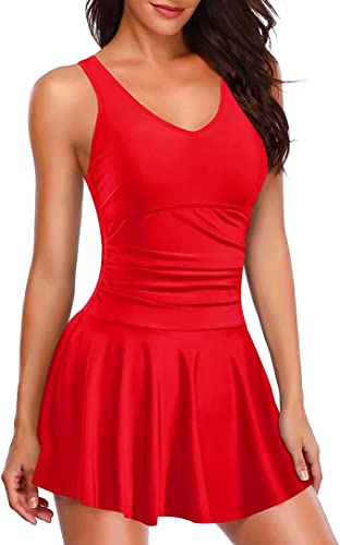 Stylish And Comfortable Tummy Control One Piece Swimdress For Women-Red