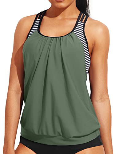 Double Layer Tankini Top Only Modest Round Neck Bathing Suit Top-Amry Green